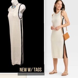 Universal Thread Cream Midi Crochet Tank Dress with Black Trim